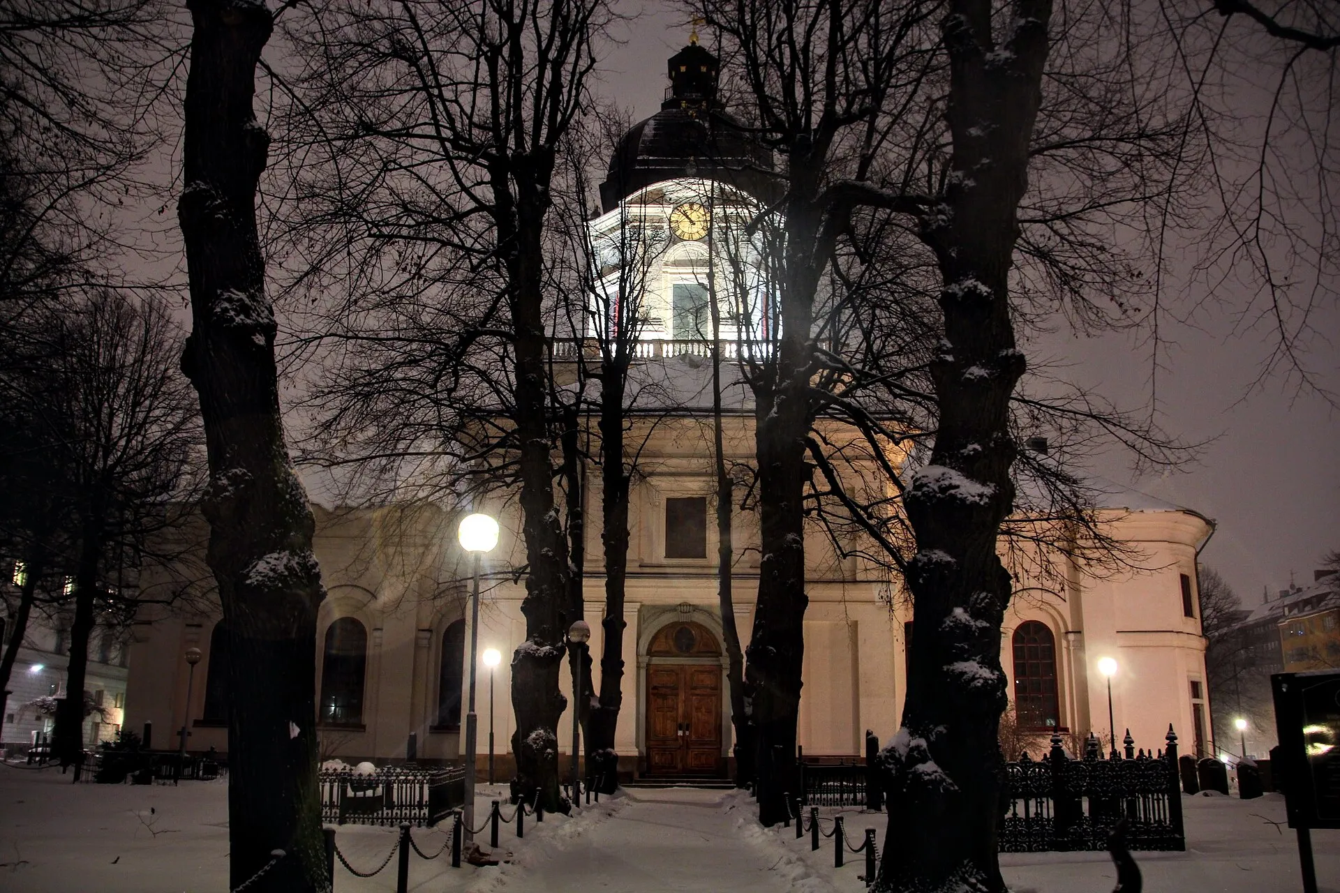 snowy Stockholm street at night